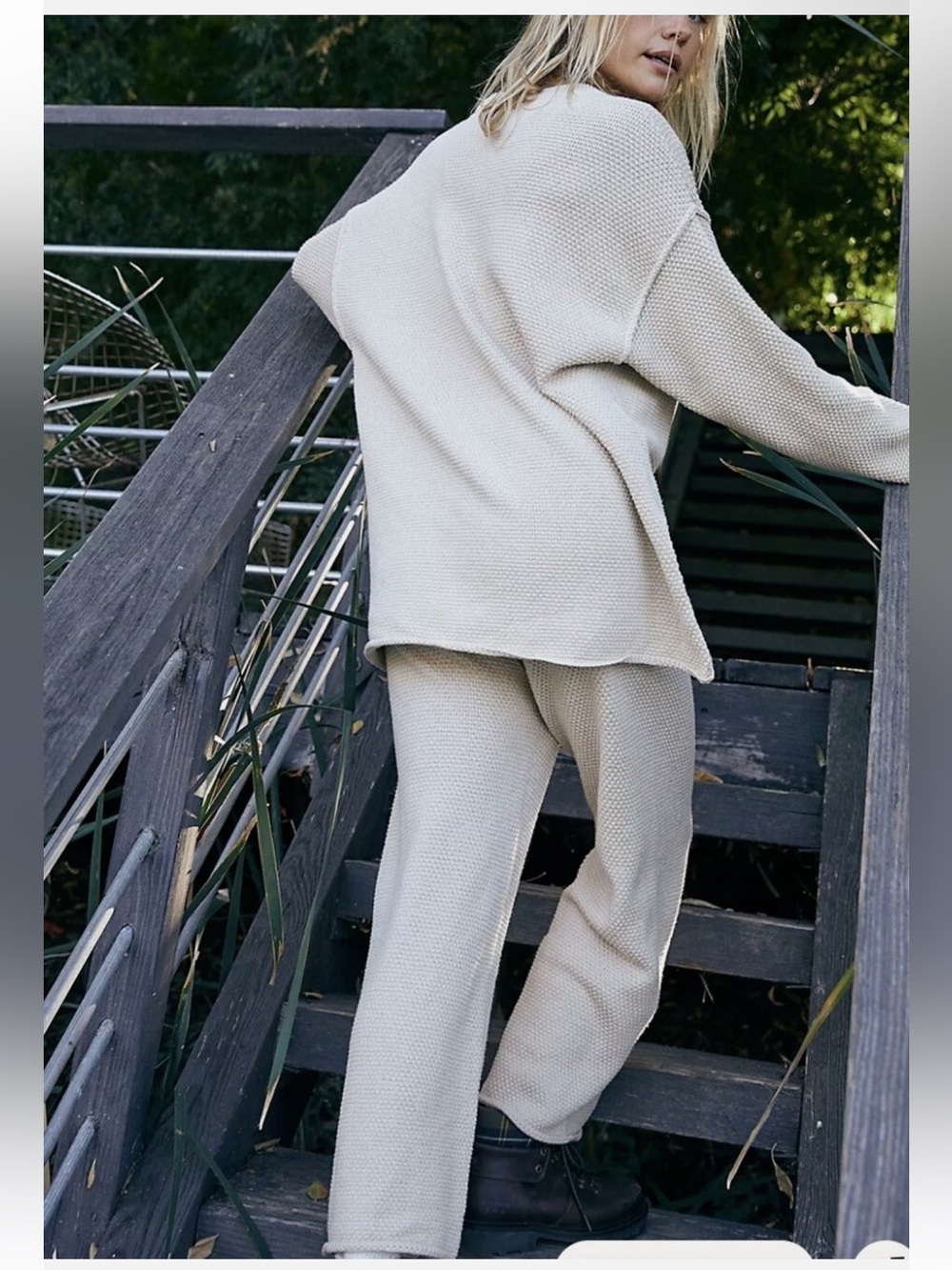 Free People Hailee Knit Cream Tan Waffle Knit Henley Sweater Set M - Picture 11 of 16